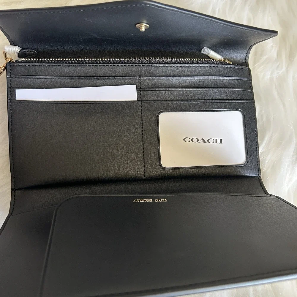 Coach C1962 Travel Envelope Wallet Brown Black‎ Signature Canvas NWT
